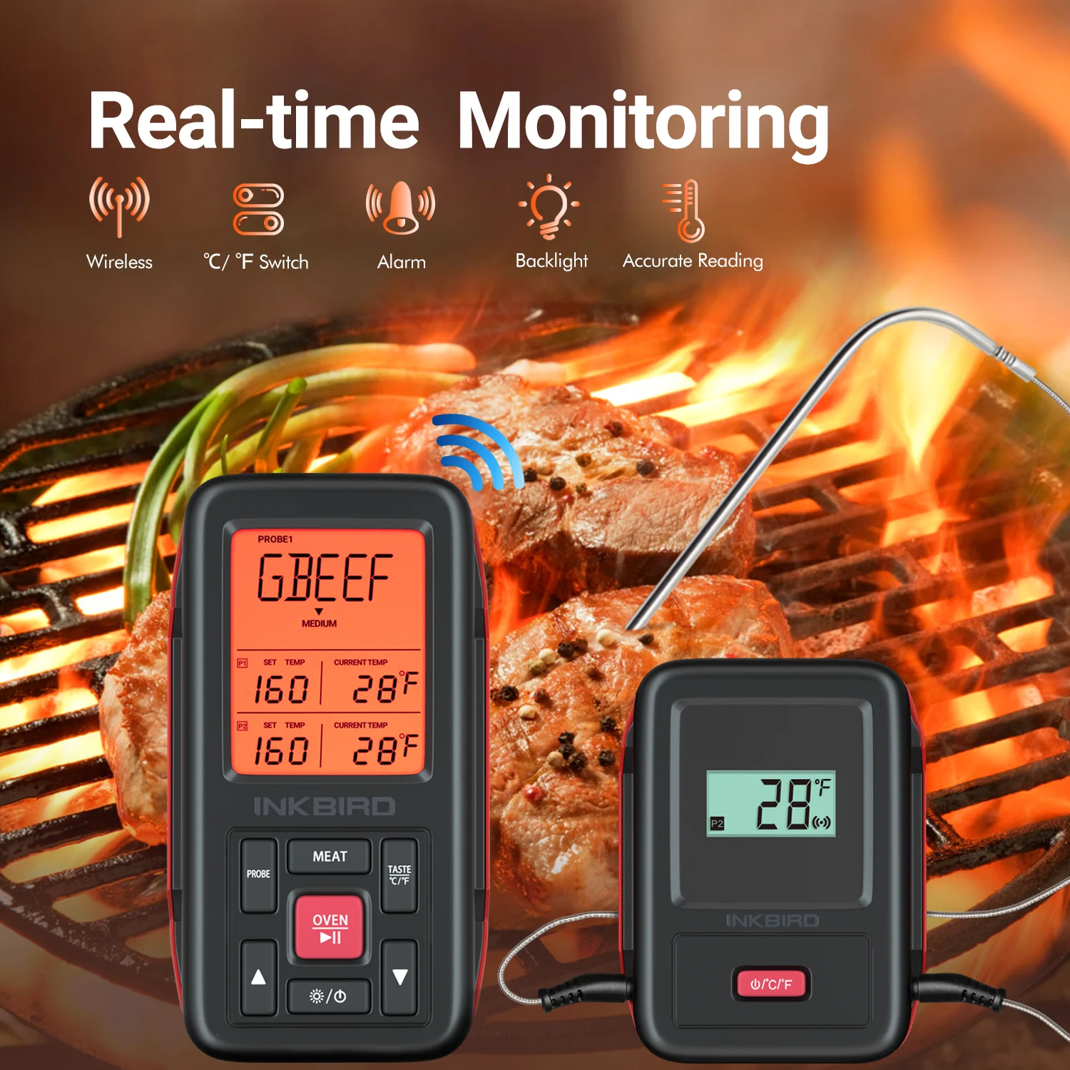 INKBIRD IRF-2SA Outdoor Indoor Meat Thermometer with 2 Probe Instant Read Food Temperature Monitor for Cooking,BBQ,Grilling,Oven