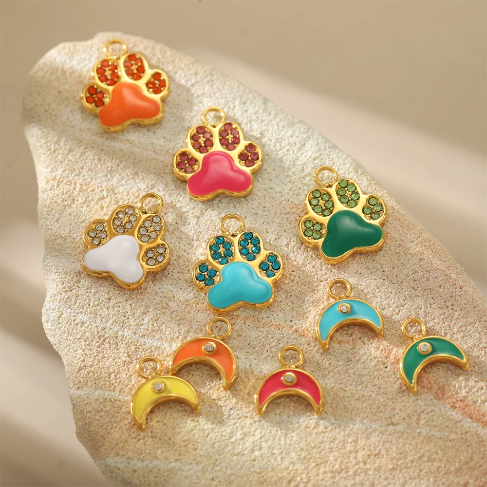 

CARLIDANA Stainless Steel Moon Gold Color Enamel Animal Puppy Bear Dog Cat Paw Prints Charm Pendant for DIY Jewelry Making