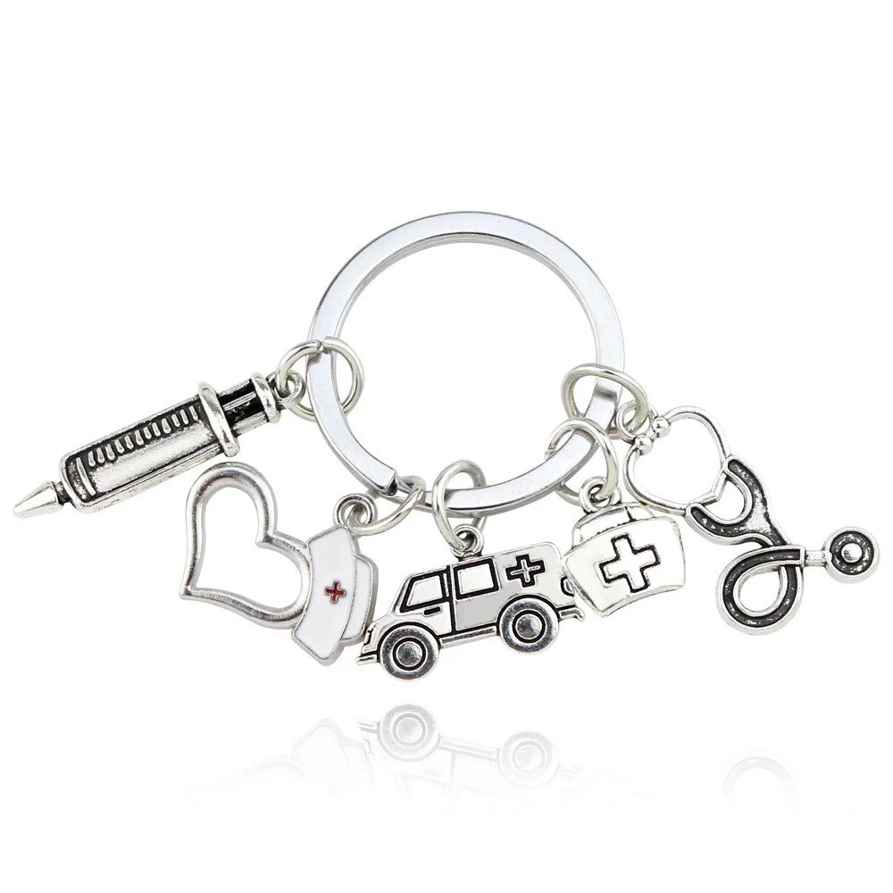Heart shaped alloy nurse cap, ambulance electrocardiogram stethoscope, syringe keychain