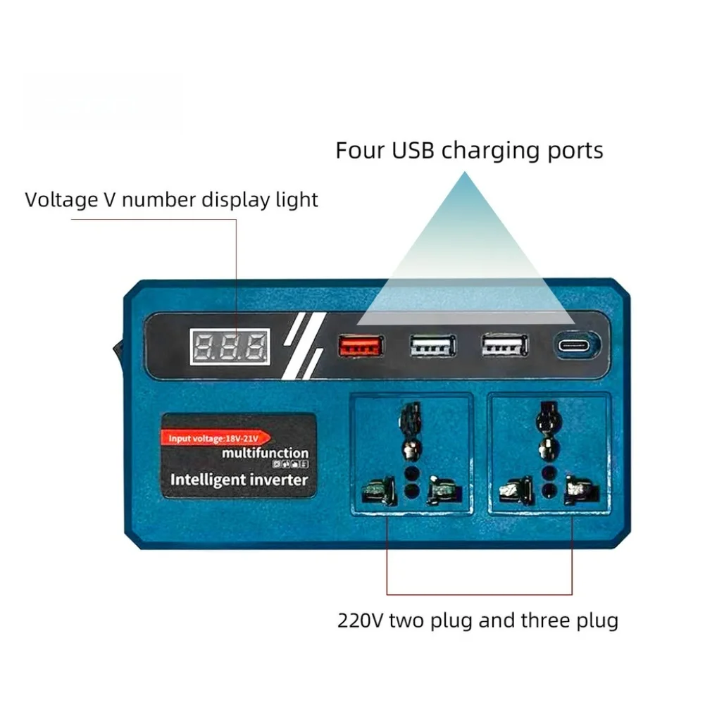 

18V-21V Converter DC To AC Inverter Dual-port Design 18V-21V DC Input Four USB Charging Ports Blue For Camping