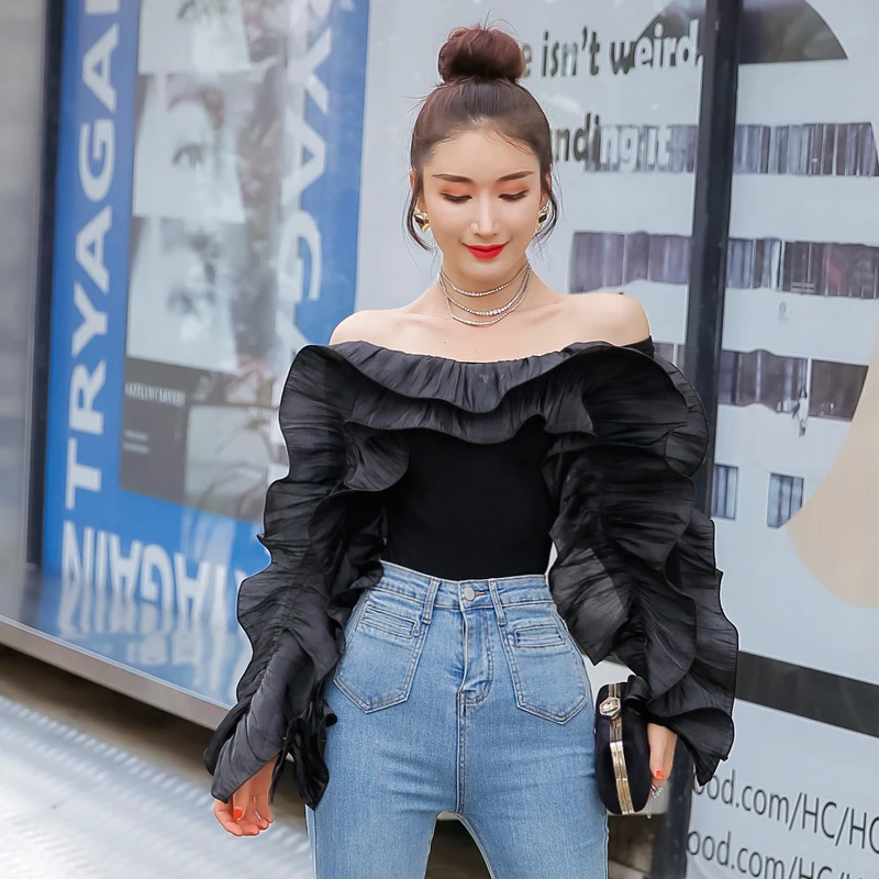 Korean Fashion Spring Women Slim Long Brtterfly Sleeve Slash Neck Ruffles Blouse Sexy Shirts Ladies Tops Mujer Fall T-shirts New