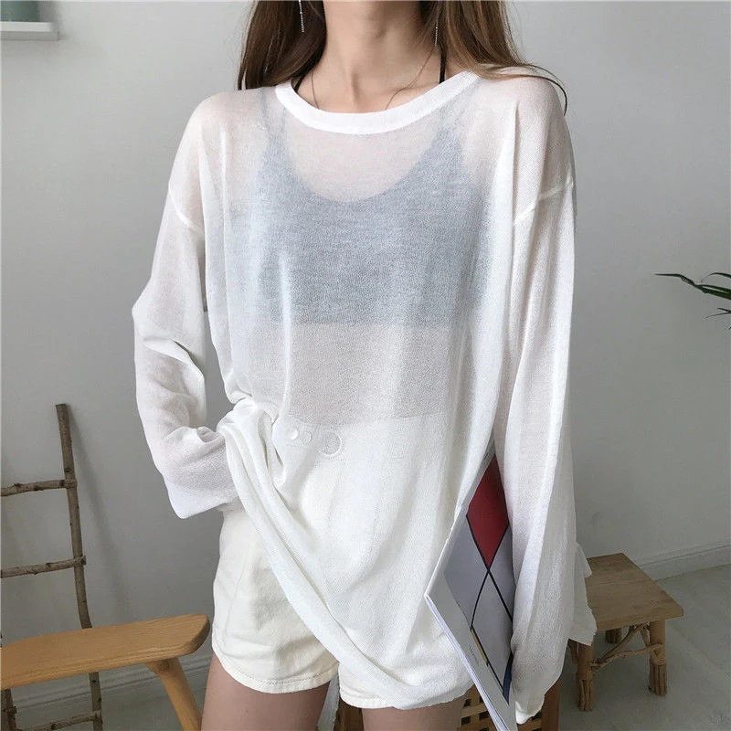 Women Thin Sheer T Shirts Korean Loose Solid Long Sleeve Female Casual Tees Summer Sweet New Fashion All Match Ladies Tops