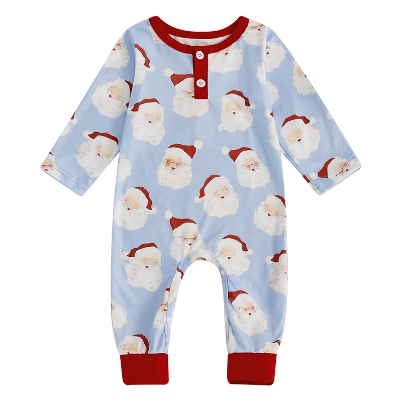 Baby Christmas Romper Santa Claus Head Print Long Sleeve Crew Neck Full Length Jumpsuit