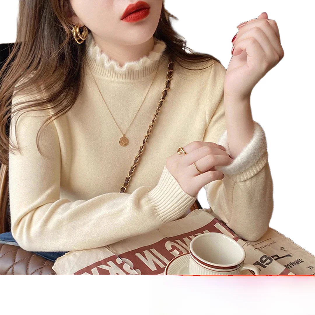 티엔드 원피스 벨벳 패브릭 밍크 벨벳 여성 니트 스웨터 미드넥 롱 슬림핏 출퇴근용