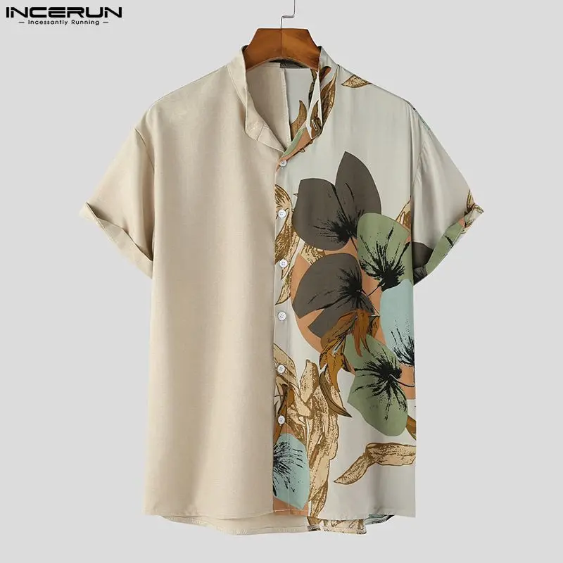 INCERUN Tops 2024 Korean Style New Men Simple Two Color Patchwork Blouse Casual Plant Pattern Printed Short Sleeved Shirts S-5XL