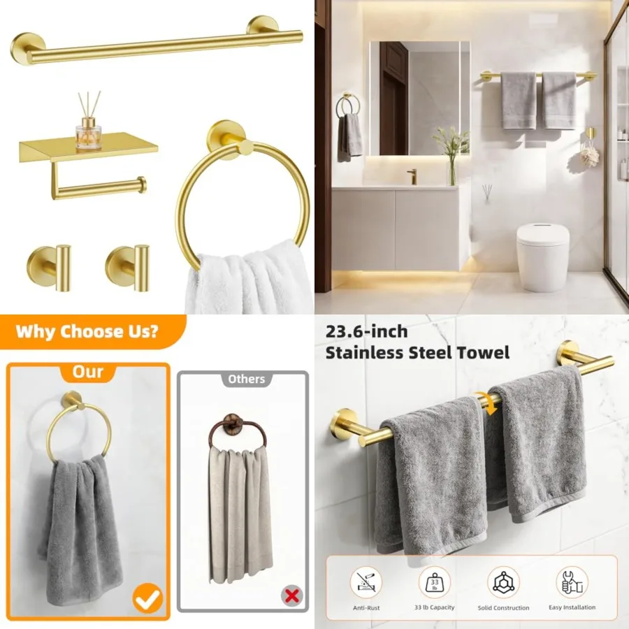 

5-Piece Bathroom Hardware Set, SUS304 Stainless Steel, Round Towel Bar, Towel Ring, Toilet Paper Holder, 2 Robe Hooks, Conceale
