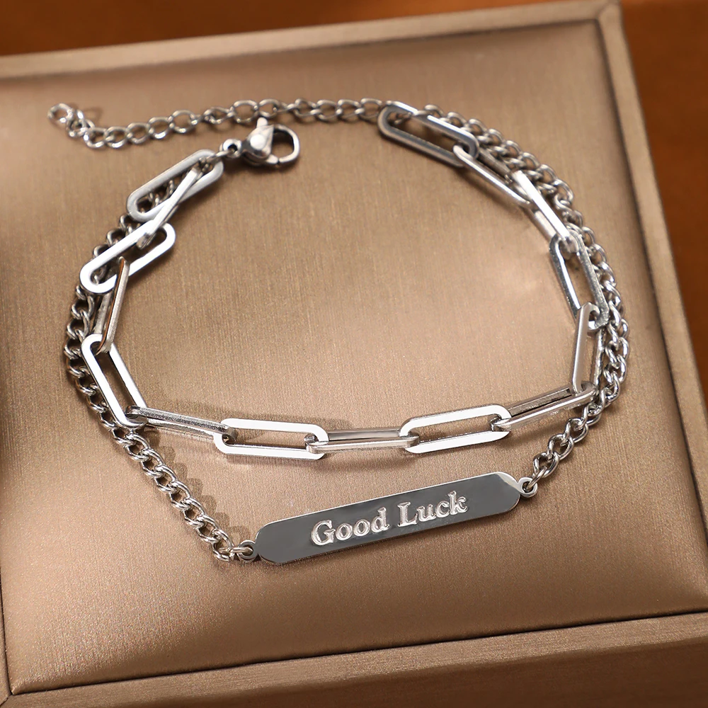 Stainless Steel Bracelets Good Luck Tag Pendant Bilayer Paper Clip chain Fashion Bracelet For Women Jewelry Birthday Party Gifts