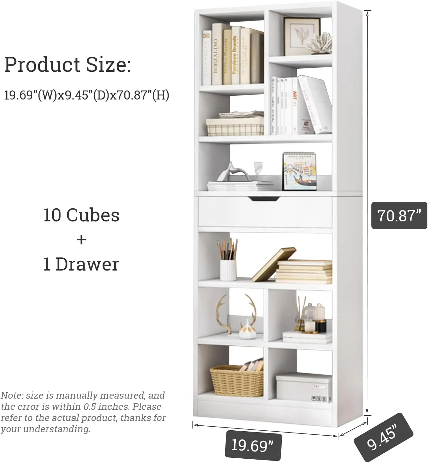 IOTXY Wooden Open Shelf Bookcase - 71 Inches Tall Freestanding Display Storage Cabinet Organizer with 10 Cubes and a Drawer