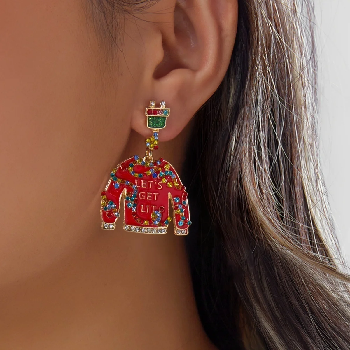 Colorful Rhinestone Christmas Sweater Gift Box Drop Earrings For Women Xmas Snowflake Skate Light Bulb House Earrings Jewelry