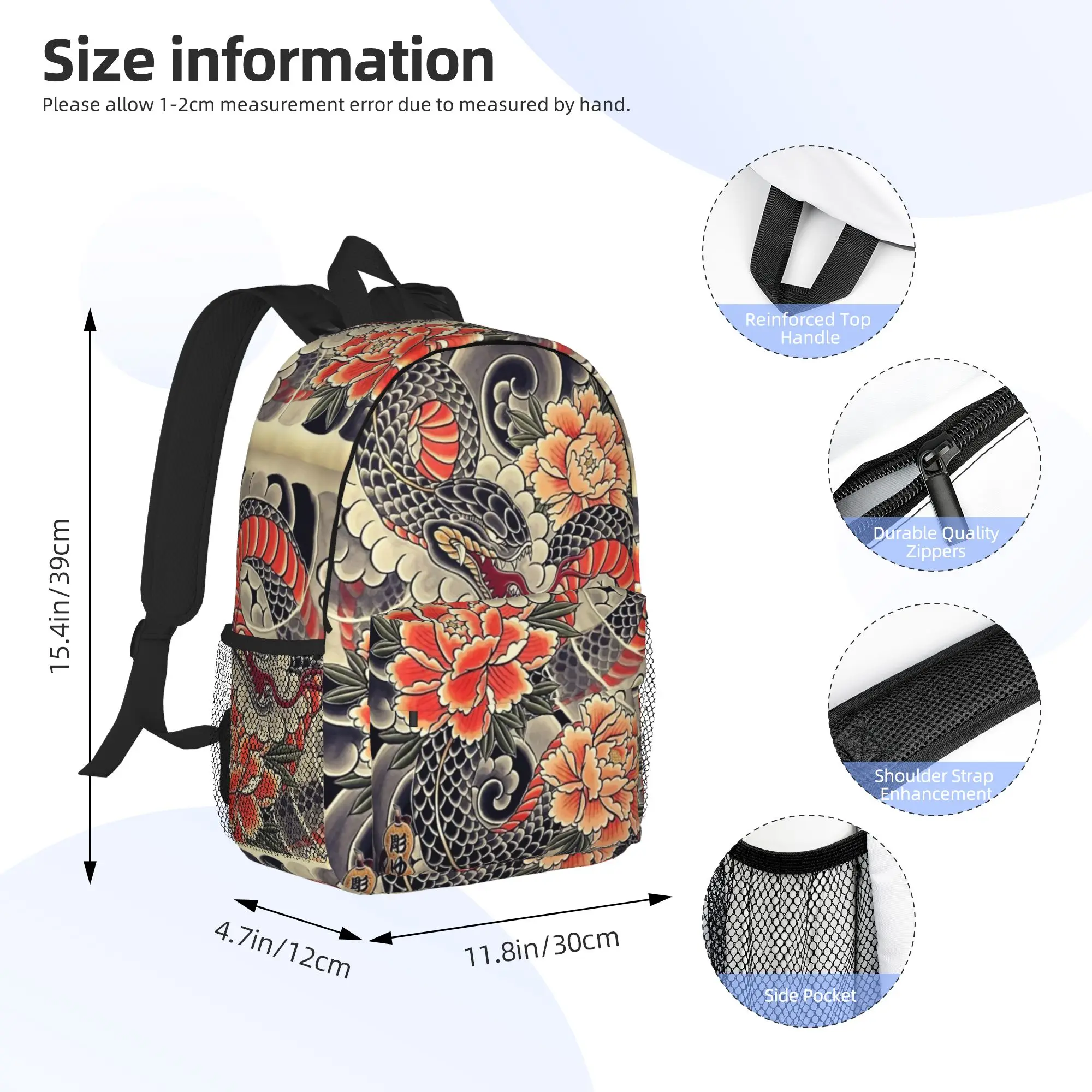 Japanese Art Tattoo Snake Peonies Flower Ink Backpack Hot Sale Daypack  Boys Girls BookBag Shoulder Bag for Men Women School Bag