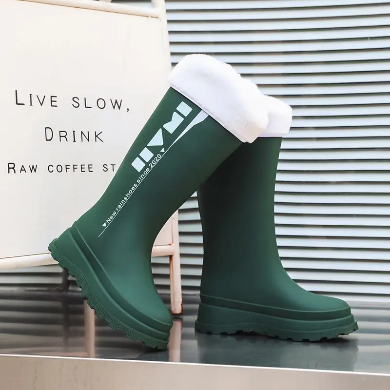 

Женские легкие непромокаемые противоскользящие резиновые сапоги с высоким берцем, теплая прочная уличная одежда на флисовой подкладке, стильная обувь для воды с надписью