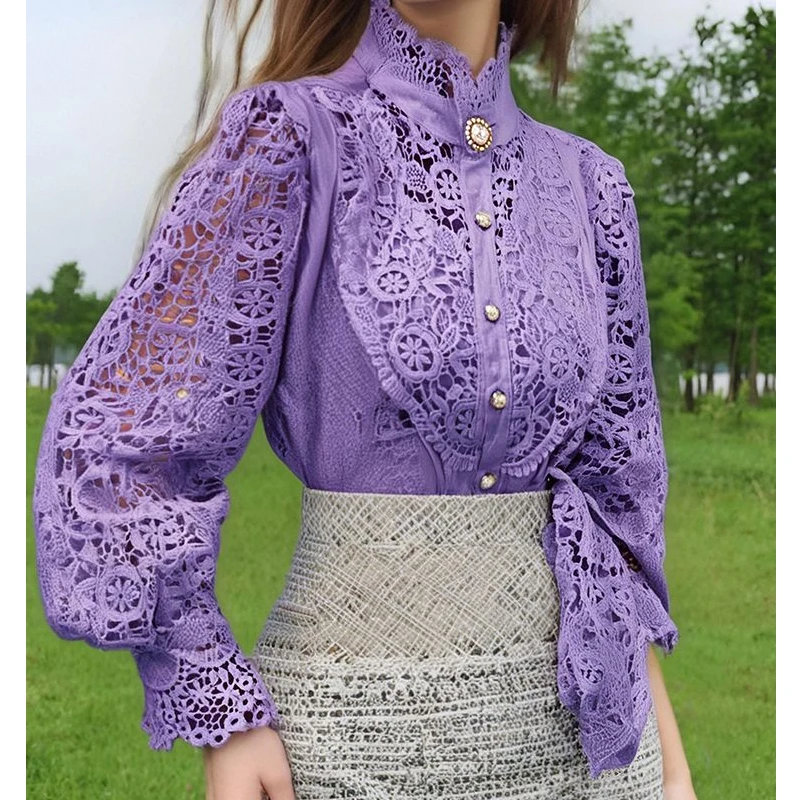 

2025 French Style Spring Women Blouse Office Lady Flower Blouse Hollow Out Lace Stand Collar Button Shirt Female Clothing 12419