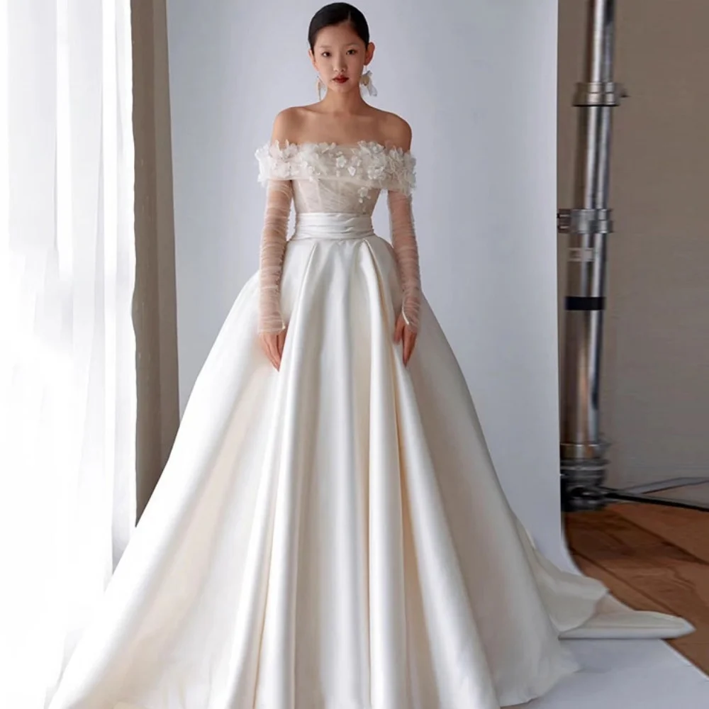 

Elegant Modern Customized Wedding Dresses A Line Flowers Bride Dress Off Shoulder Strapless Bridal Gowns New Vestido De Novia