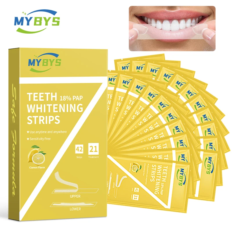 MYBYS-tiras para blanquear los dientes, 42 piezas, sabor a limón, eliminación de manchas de dientes, blanqueador Dental, 18% Pap, odontología, higiene bucal, uso doméstico