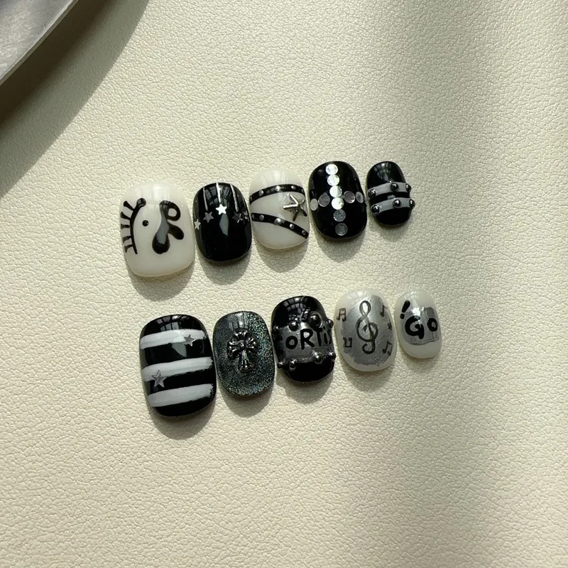 10PCS Y2k Short Squoval Handmade Press on Nails Black Stripes Music Note Cross Star Metal Stud Rivet False Nails Full Cover Tips