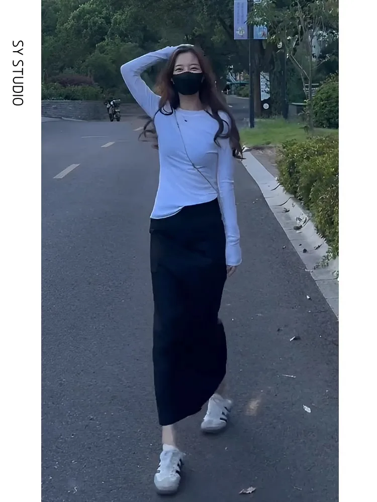 Elegant Long Sleeve T-Shirt And Mid-Length Split Skirt Two-Piece Set for Early Autumn Slimming Effect Stylish Fashion Ensemble