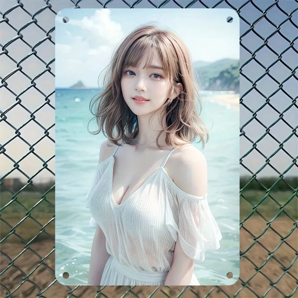 High Definition Metal Tin Sign Beautiful Short Wavy Light Brown Hair With Bangs Young Asian Female White Off Shoulder Ruffle