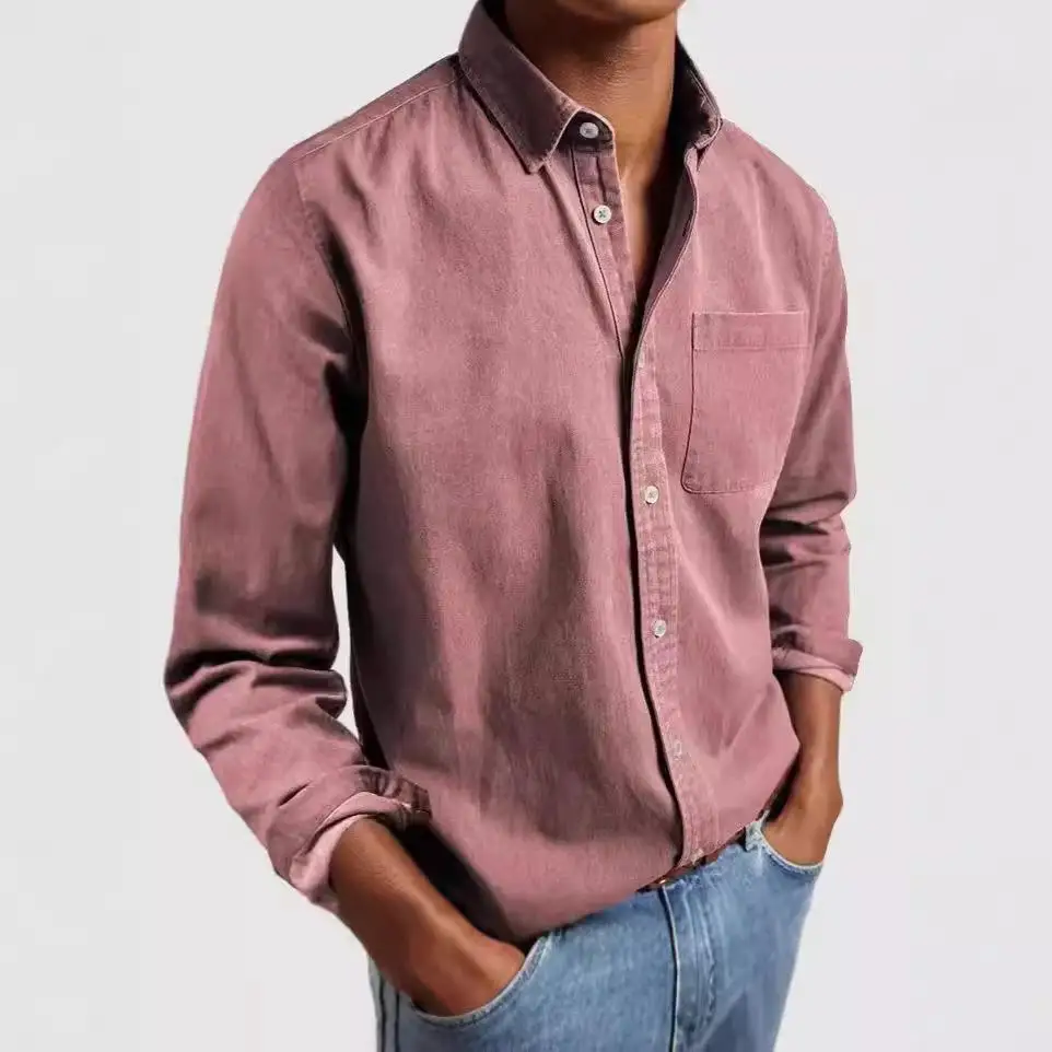 남성용 긴 소매 칼라 셔츠 폴리에스테르 섬유 포켓 디자인 유럽 스타일 단색 캐주얼웨어 젊은 남성과 여성용