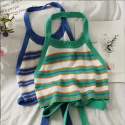 2022 hot sale kids girls knitted backless t-shirt summer autumn 100% cotton fashion girls striped vest top 3-8t baby clothes