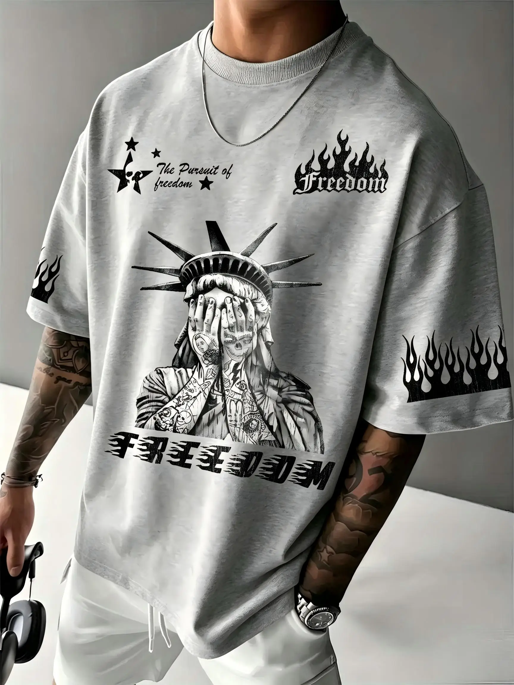 New American Summer Men's Retro Statue of Liberty Letter Print Comfortable and Breathable Round Neck T-Shirt Outdoor Street Top