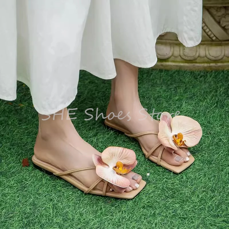 3D Orchid Flowers Decor Square Toe Narrow Band Sandals for Women Shallow Slip-On Slingback Pumps Ladies Hight Heels Slippers