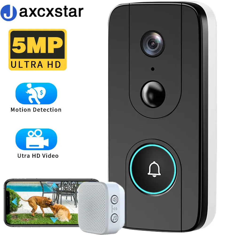 

5MP Wireless Video Doorbell Camera With WiFi, Human Motion Detection, Rechargeable Battery, IP66 Deatherproof, Two-Way Communic