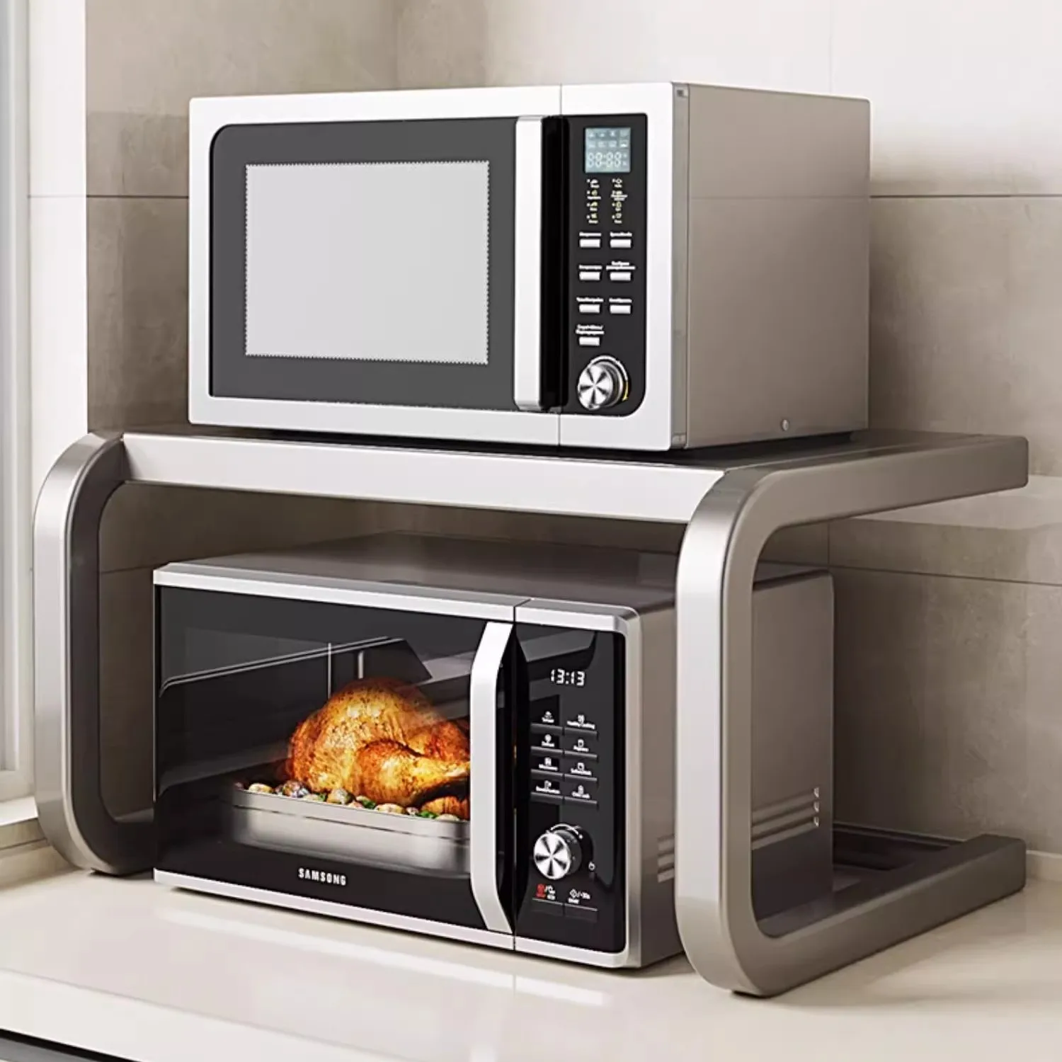 

Gun Ash Microwave Oven Shelf Kitchen Multifunctional Countertop Oven Shelf Household Rice Cooker Multi-layer Storage Bracket