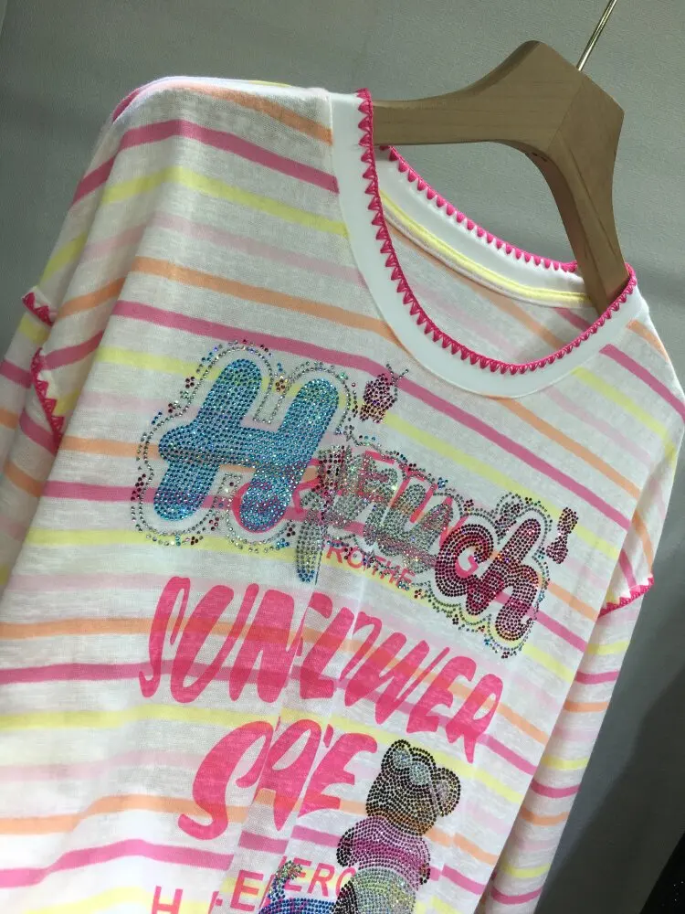Age Reduction Pink Stripes Long Sleeve T-shirt New Spring Autumn Cartoon Hot Diamonds Round Neck Pullover Top Casual Basic Tees