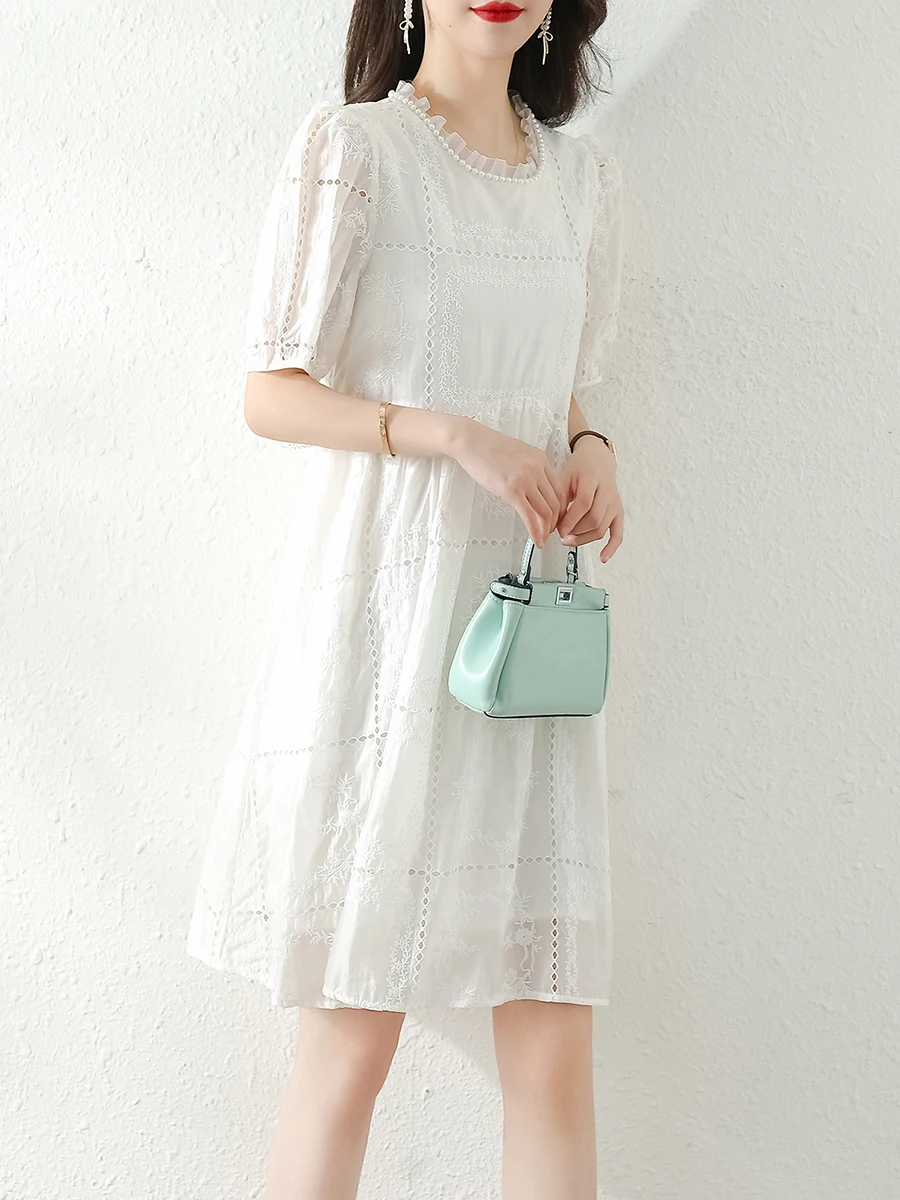 Blanco ahuecado encaje burbuja Sve A-Line Dr mujer verano Faion nueva llegada coreano Sle cintura suelta ort Sve