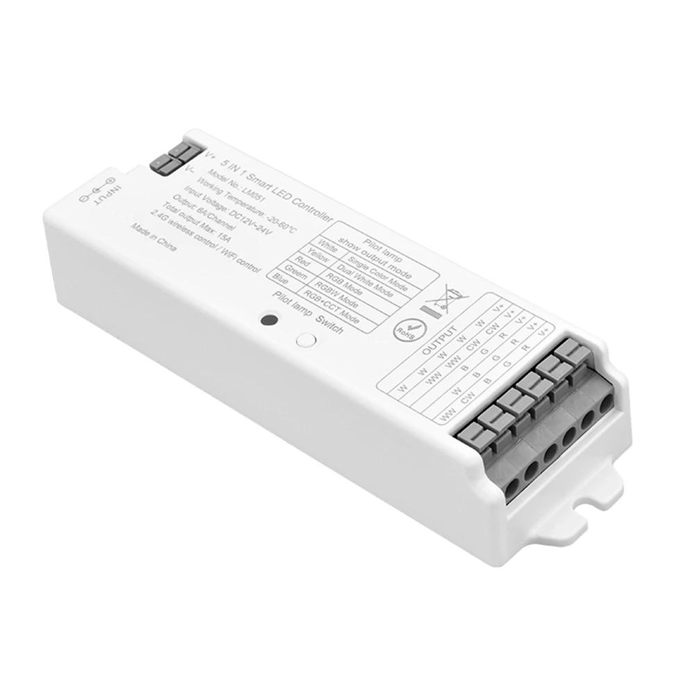 LM051 Contrôleur de bande LED 5 en 1 DC12-24V pour document unique/CCT/RGB/RGBW/RGB + CCT LED bande, gradateur