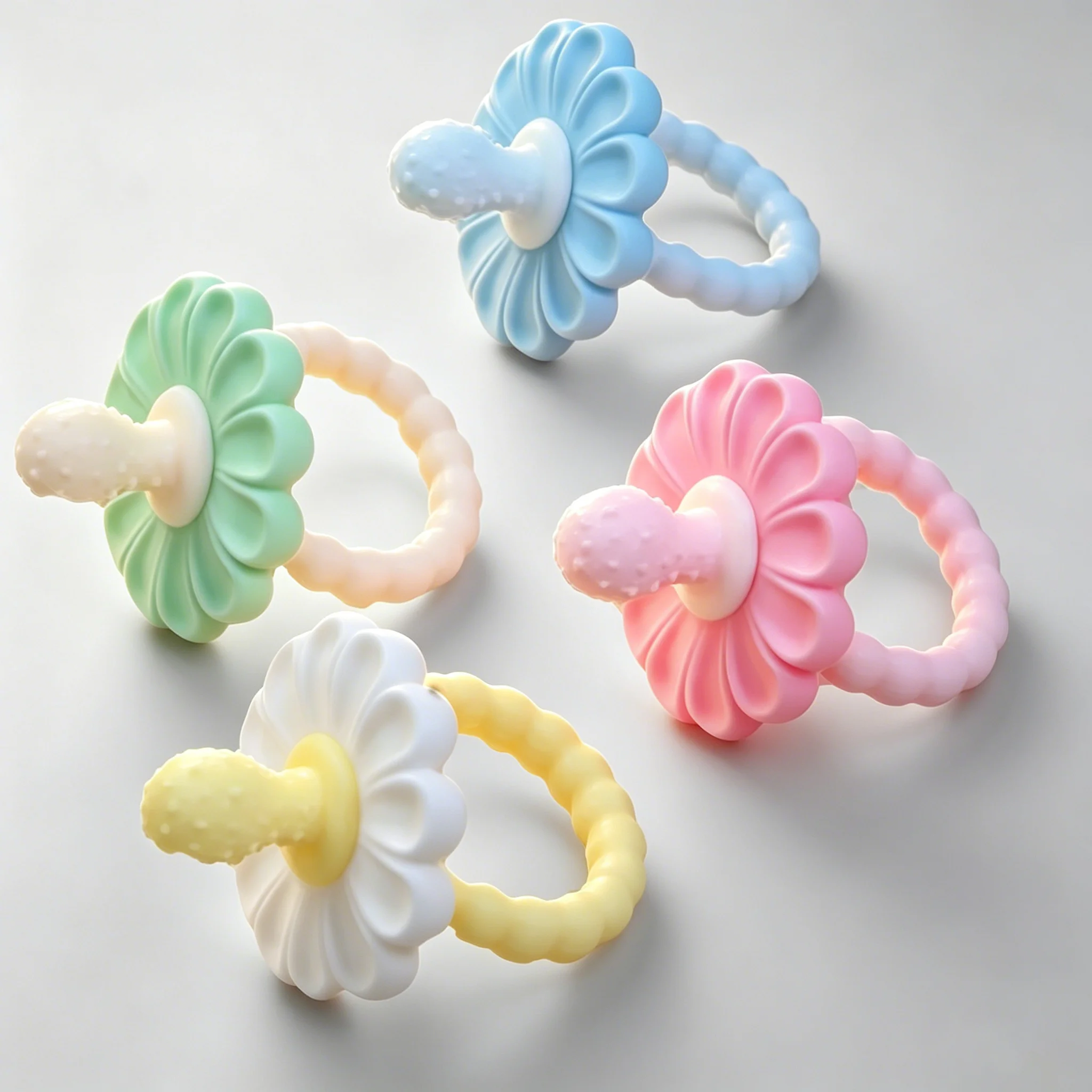 4 Pack Baby Teething Toys Flower Silicone Teether Rings BPA Free Soft Textured Chew Toy Infant Teething Relief Soother Toy Newborn Shower Gift
