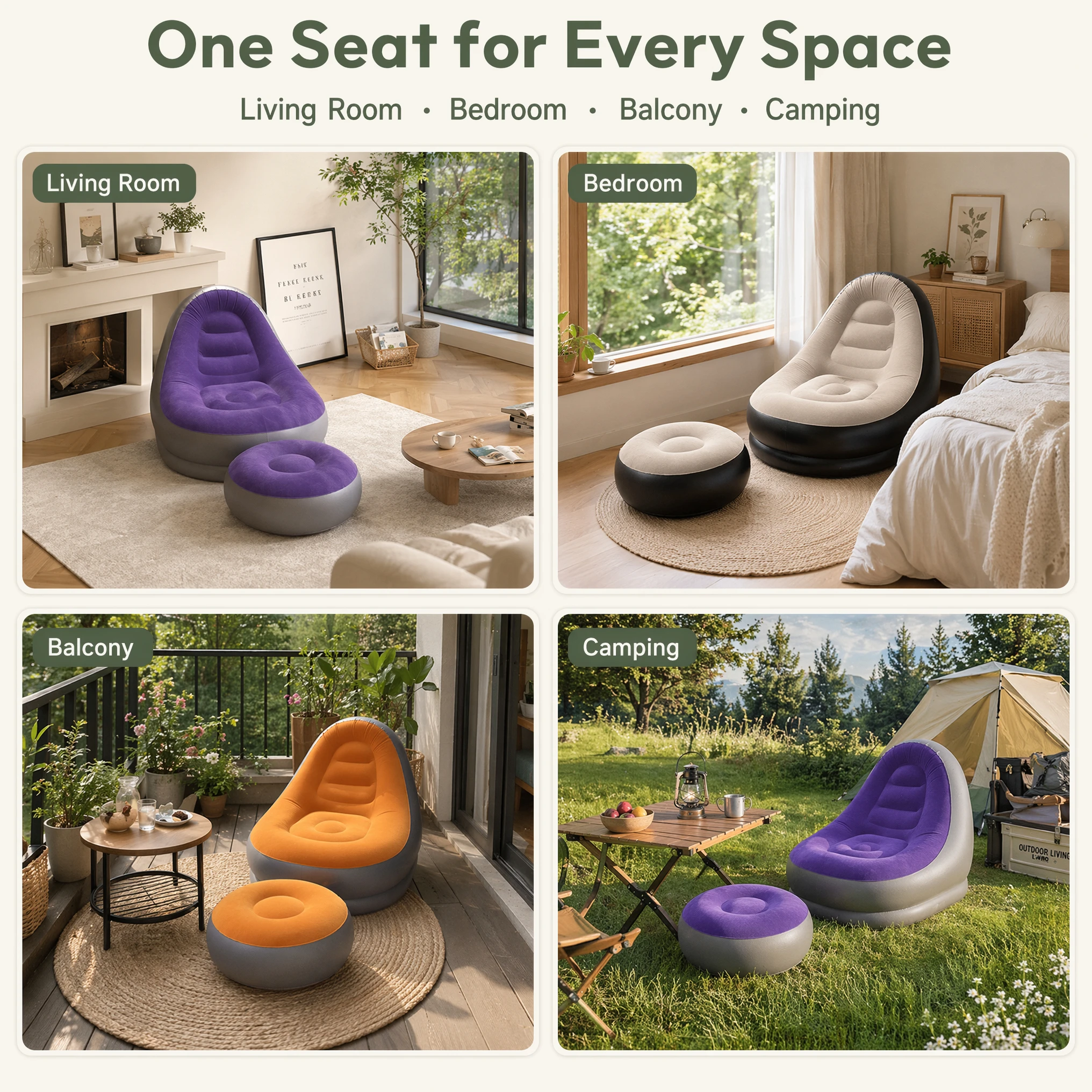 2 IN 1 Inflatable Sofa with Stool Soft Flocking Ergonomic Lounge Chair Fast Inflation Foldable Portable Waterproof PVC Sofa view 4