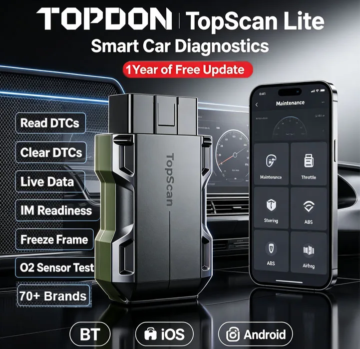 TOPDON TopScan Lite 8 Service Functions 1 Year of Free Update Full System Active Test OBD2 Code Reader  DTC Repair Guide