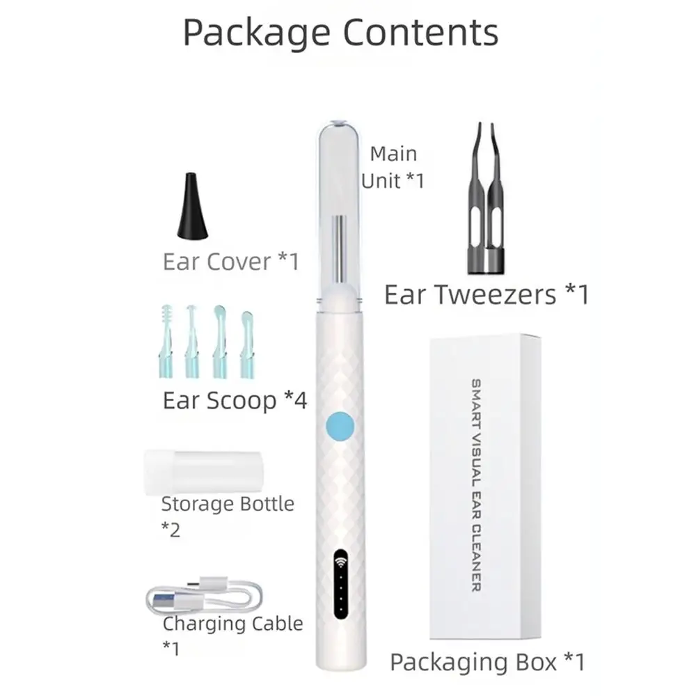 منظف الأذن البصري المحمول، أضواء LED، اتصال واي فاي، أعواد الأذن مع كاميرا شحن USB، أداة تنظيف الأذن