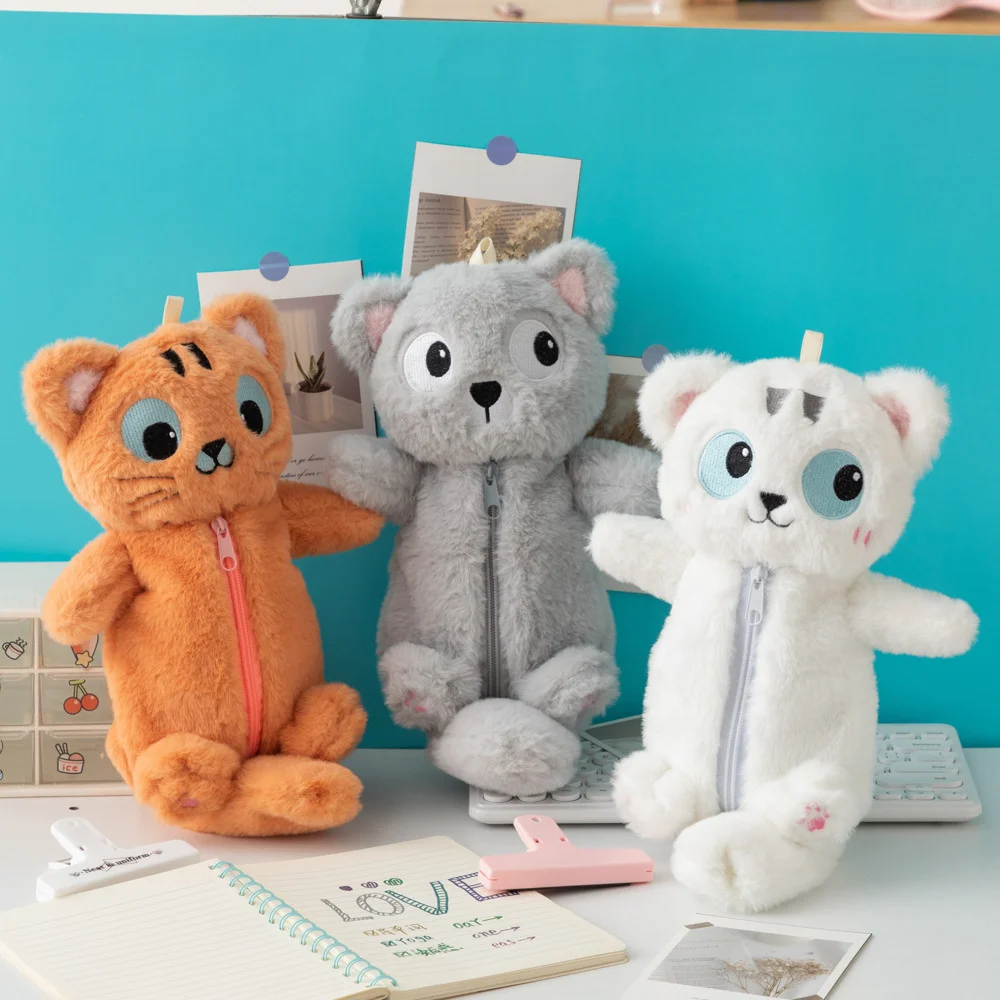 Plush Pen Bag Cute Big Eyed Cat Pencil Case Stuffed Animal Large Capacity Stationery Bag Cartoon Doll Cat Learning Pencil Bag