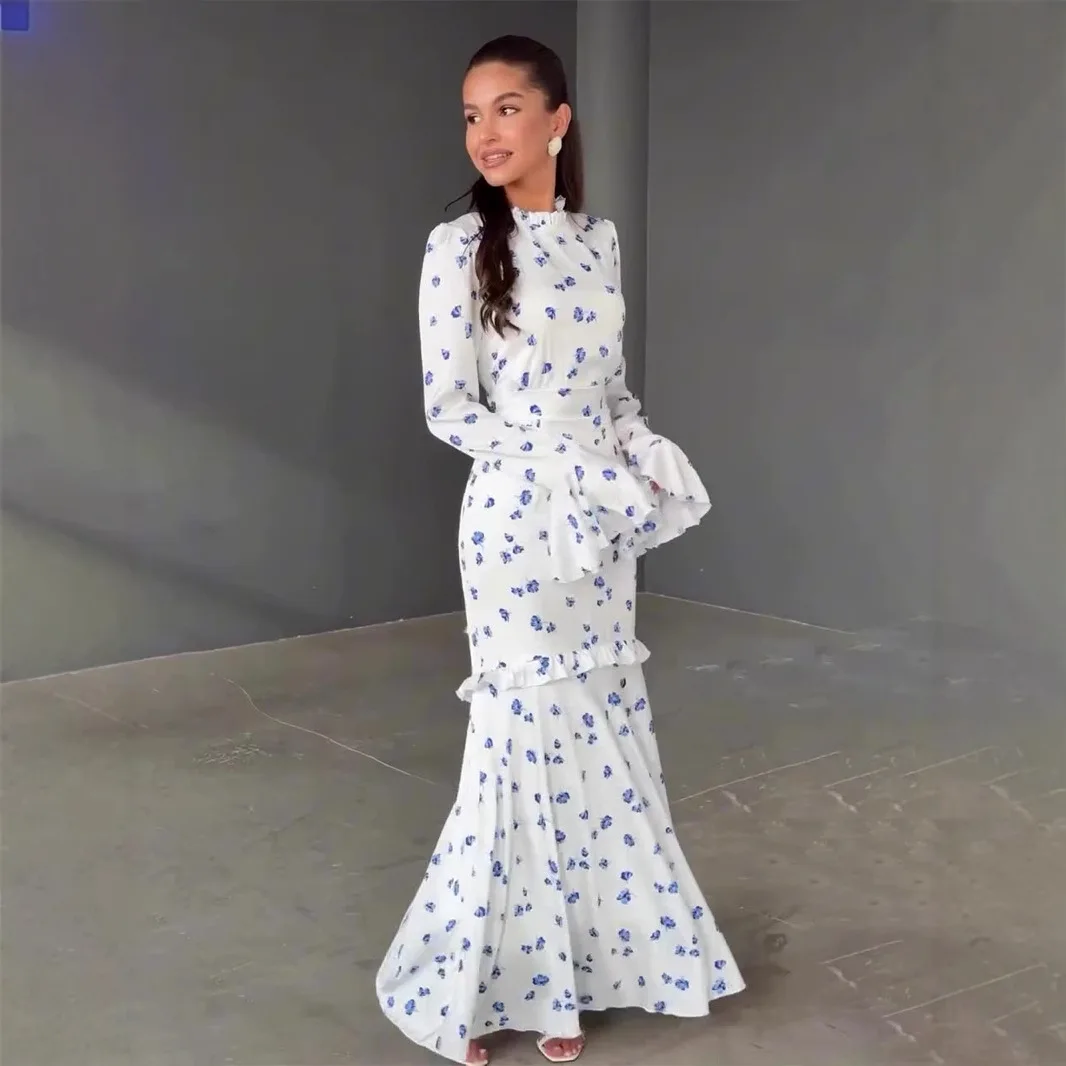 

Ele Floral Lace Long Slimming Dr Gentle Fre Sle Spring 2025 High Waist Knitted Acetate Fabric lectual Women