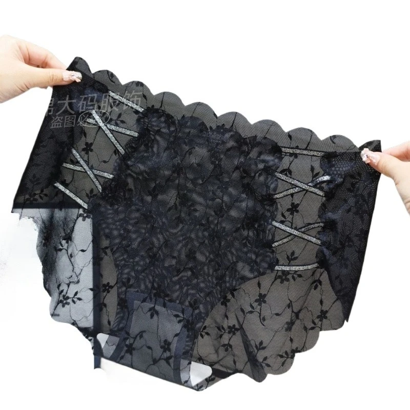 Beautiful Waist Black Fashion Lace Sexy Panties Personalized Cross Strap Lace-up Internet Celebrity 85kg Large Size Briefs Head