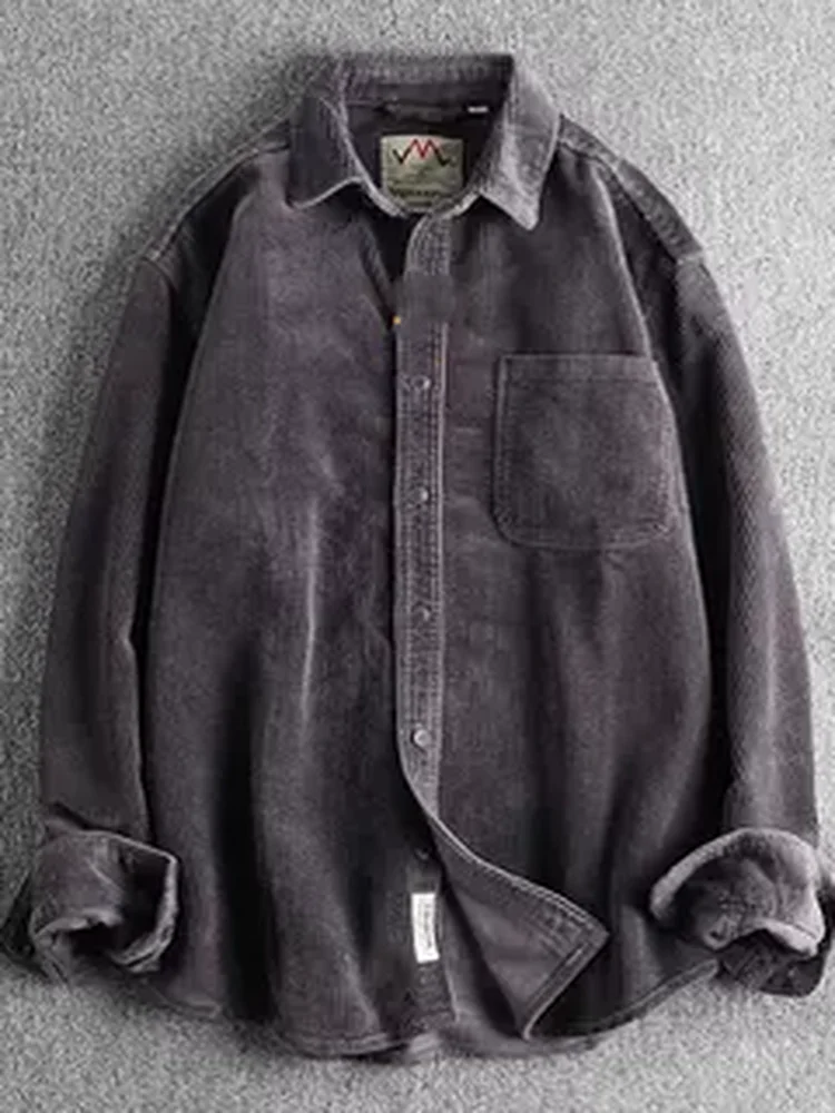 American Retro Corduroy Long Sleeve Shirt Men's Collar Single Pocket Workwear Style Trendy Jacket Outerwear New Model