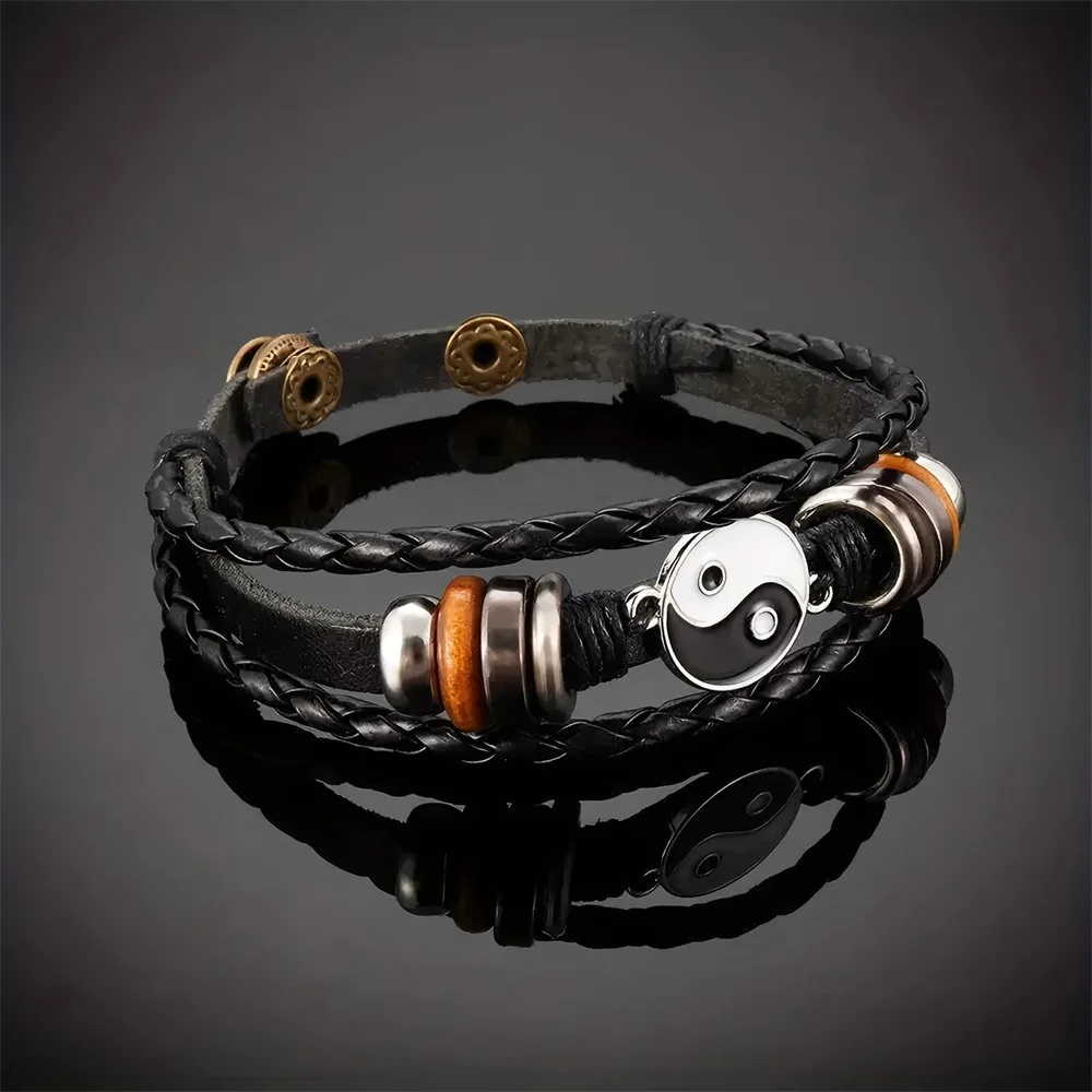 Punk Retro Weaving Leather Bracelet Simple Fashion Double buckle The Eight Trigrams of Yin and Yang Man Wristband Jewelry
