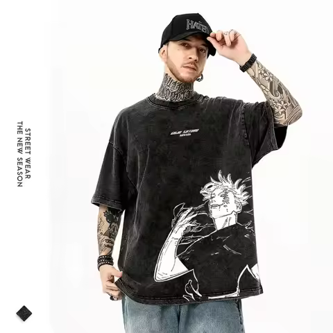 Anime Jujutsu T Shirt Vintage Washed Gojo Saturo T-shirts Men Retro Streetwear Short Sleeve Manga Fushiguro Toji Tops Tees Women