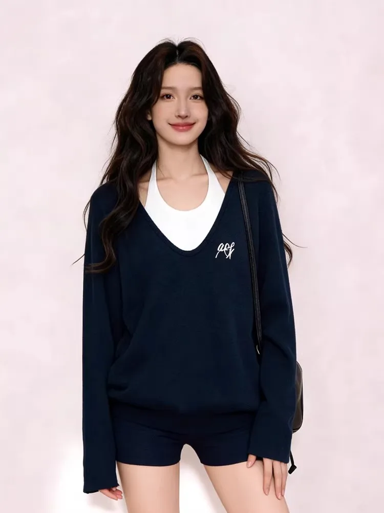 2026 Spring New Women 3 Piece Outfit Fashion Blue Layered Tops & Pants Set Elegant Casual Trendy Matching Set