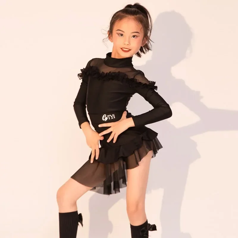 2023 Autumn/Winter Black Latin Dance Suit Girls and Children's Advanced Edition New Training Performance Dance Suit Set