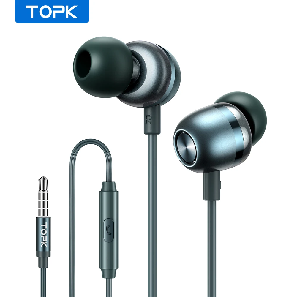 TOPK 3.5mm Wired Headphones In Ear Headset Wired Earphones with Microphone Bass Stereo Earbuds Sports In-line Control For Phones