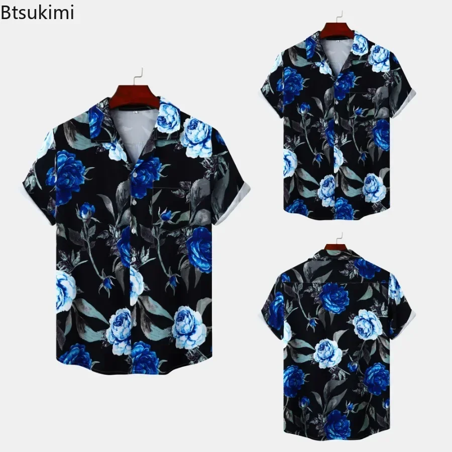 2025 New Hawaii Style Men Shirts Trend Rose Print Short Sleeve Tops Man Casual Holiday Shirts Male Beach Shirt Blouse Streetwear