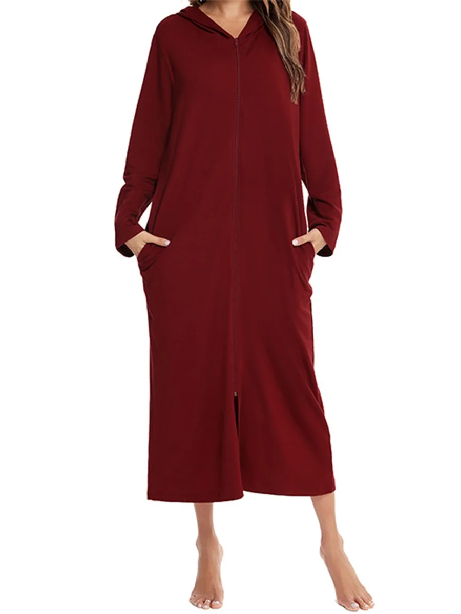 

Women s Zipper Robe Loungewear Solid Color Long Sleeve Hood Dress Loose Fit Slit Hem Sleepwear with Pockets
