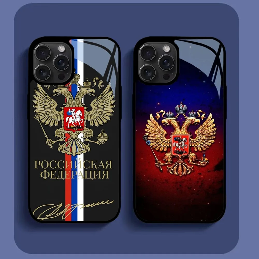 

Russia Flag national emblem Phone Case For iPhone16 15 14 13 12 11 Pro Xs Max Mini XR X 7 8 Plus luxury Mirror Hard Funda