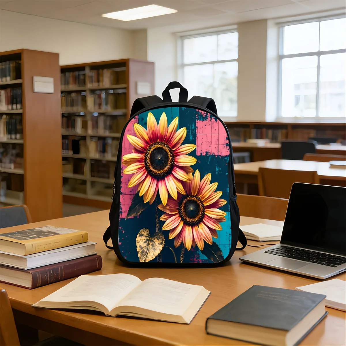 

1 шт. рюкзак с принтом подсолнухов и двойной молнией, новый модный мужской и женский рюкзак, подходящий для студентов, для посещения школы.