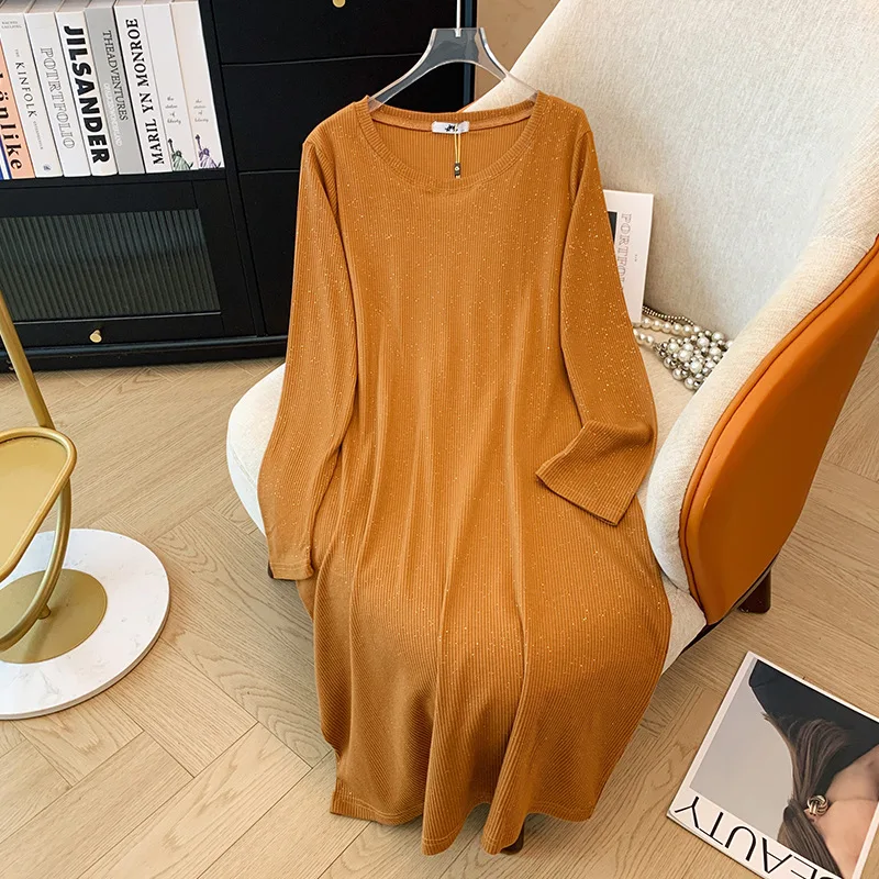 150Kg Plus Size Women\'s Bust 143 Spring Autum Loose Round Neck Mid Length Slit Dress Black Brown 5XL 6XL 7XL 8XL 9xl