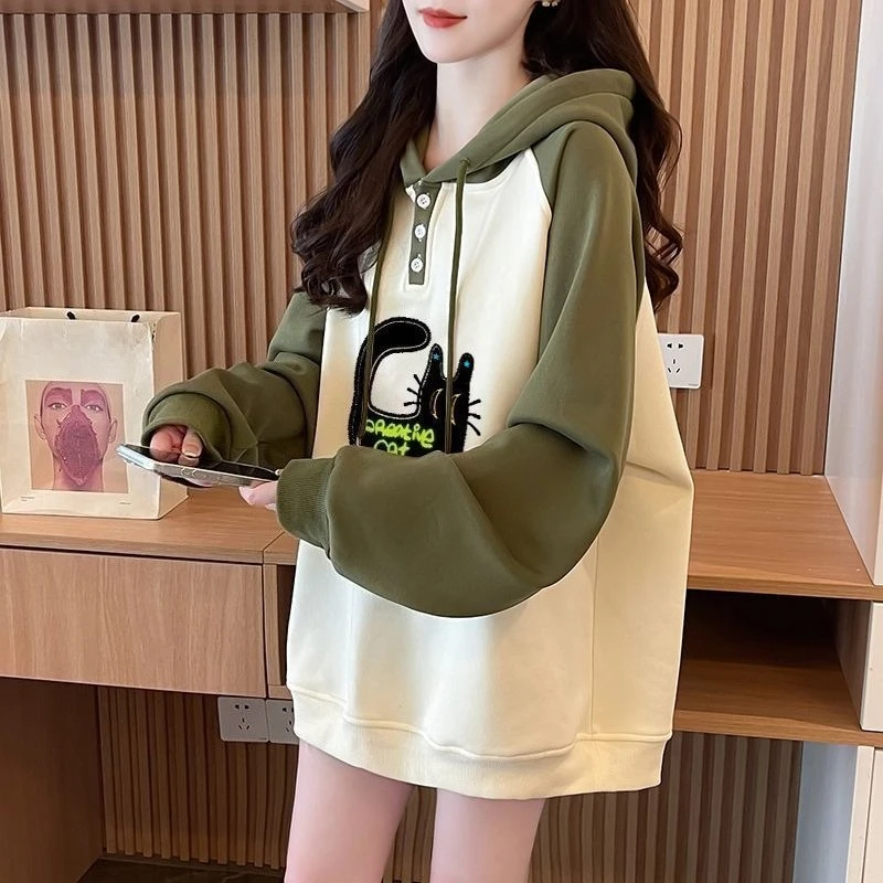 Women Cartoon Print Hoodie Fall Winter Fleece Lined Raglan Sleeve Pullover Harajuku Streetwear Loose Warm Tops
