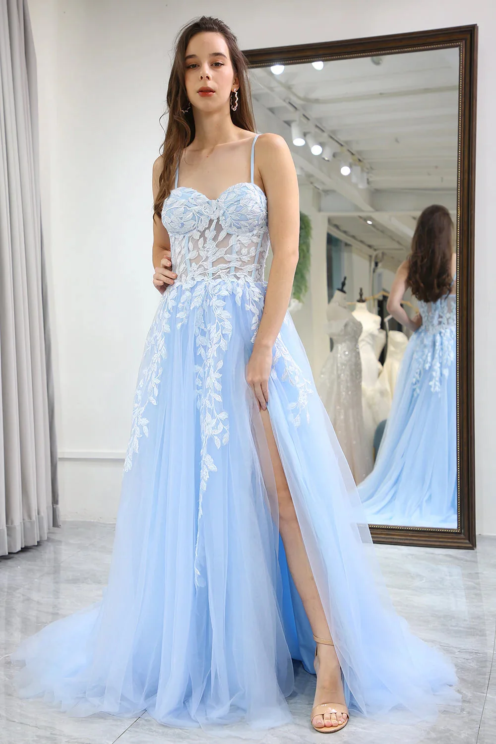 Annie Sky Blue Prom Dresses Embroidered Tulle Evening Dresses A-shaped Side Slit Women's Wedding Party Dress Vestidos De Noche